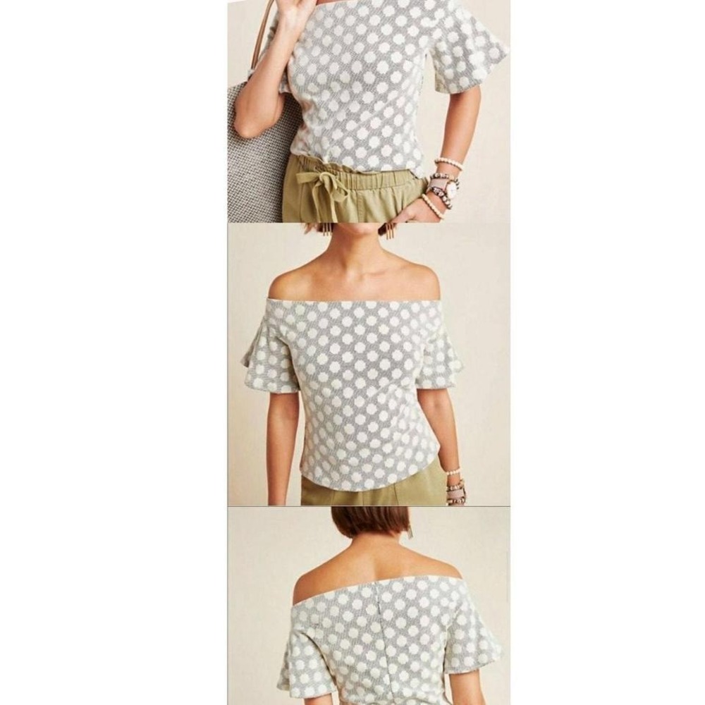 Anthropologie Off the Shoulder Gray Polka Dot Flutter Sleeve Top Blouse